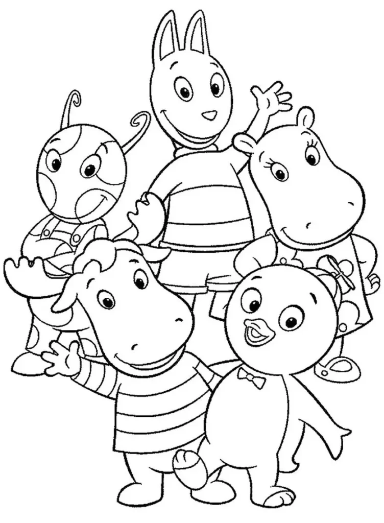 Backyardigans para colorir: Austin, Uniqua, Tyrone, Tasha e Pablo sorrindo.