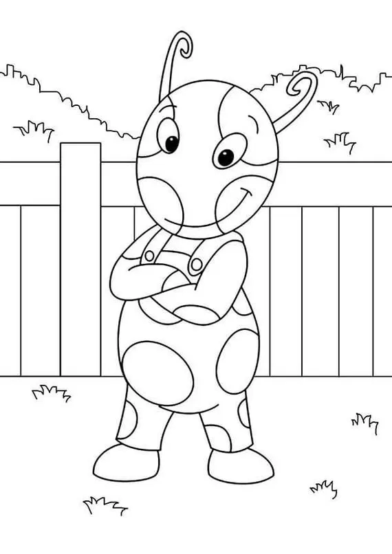 Uniqua dos Backyardigans para colorir em frente à cerca. Desenho divertido para crianças.