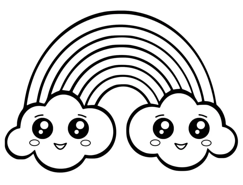Desenhos fáceis para colorir Arco-Íris Arco-íris com nuvens sorridentes para colorir. Desenho simples e divertido.