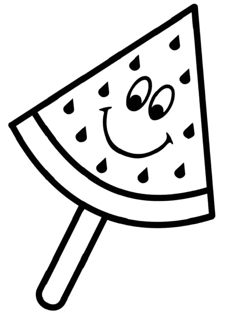 Desenhos fáceis para colorir Melancia Fatia de melancia sorridente com palito, pronta para colorir. Arte simples para crianças.