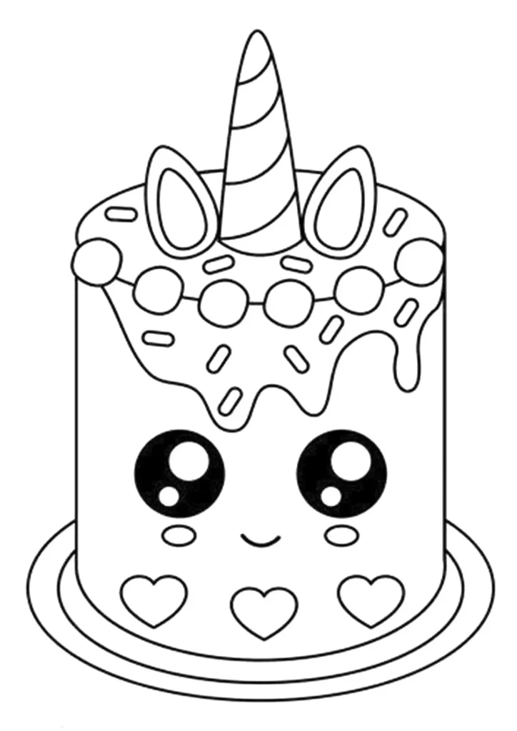 Bolo unicórnio fofo para colorir: desenho divertido com chifre, orelhas e corações.