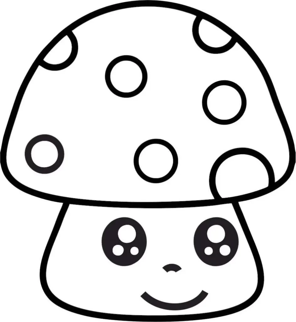 Cogumelo simpático com rosto sorridente, pronto para colorir.