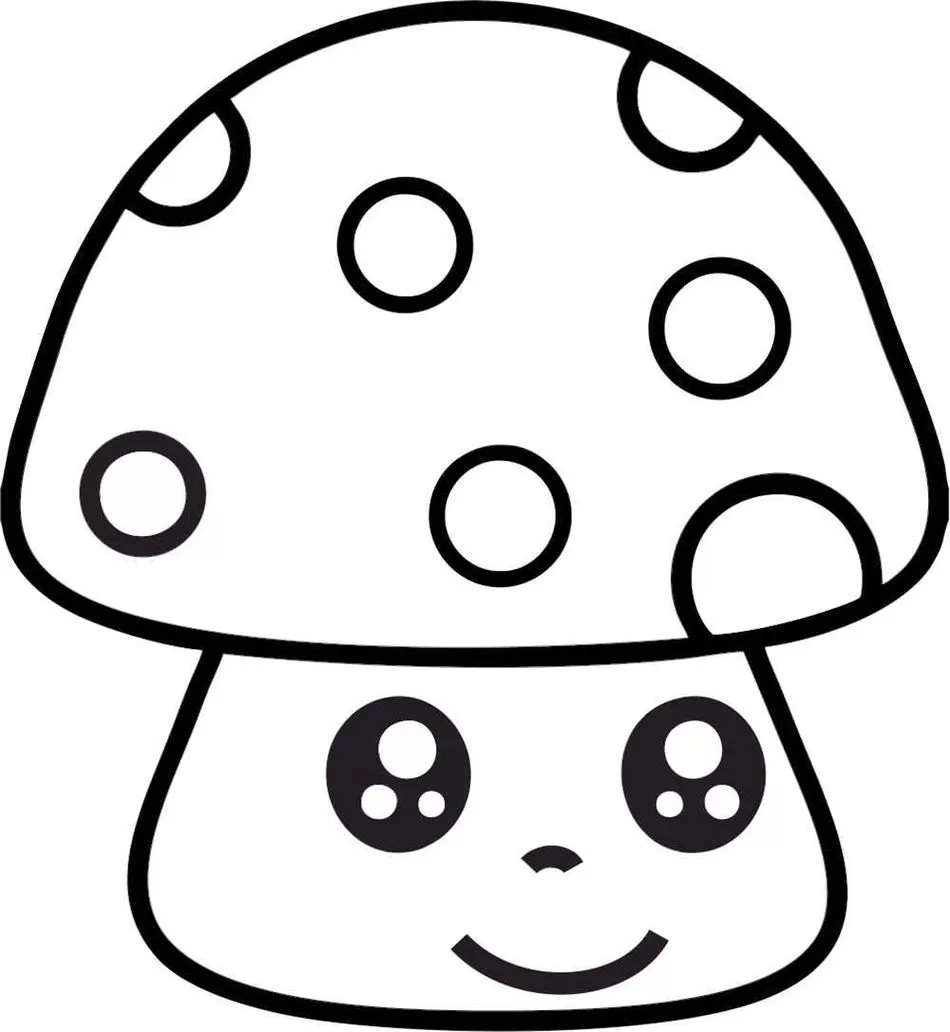 Cogumelo simpático com rosto sorridente, pronto para colorir.