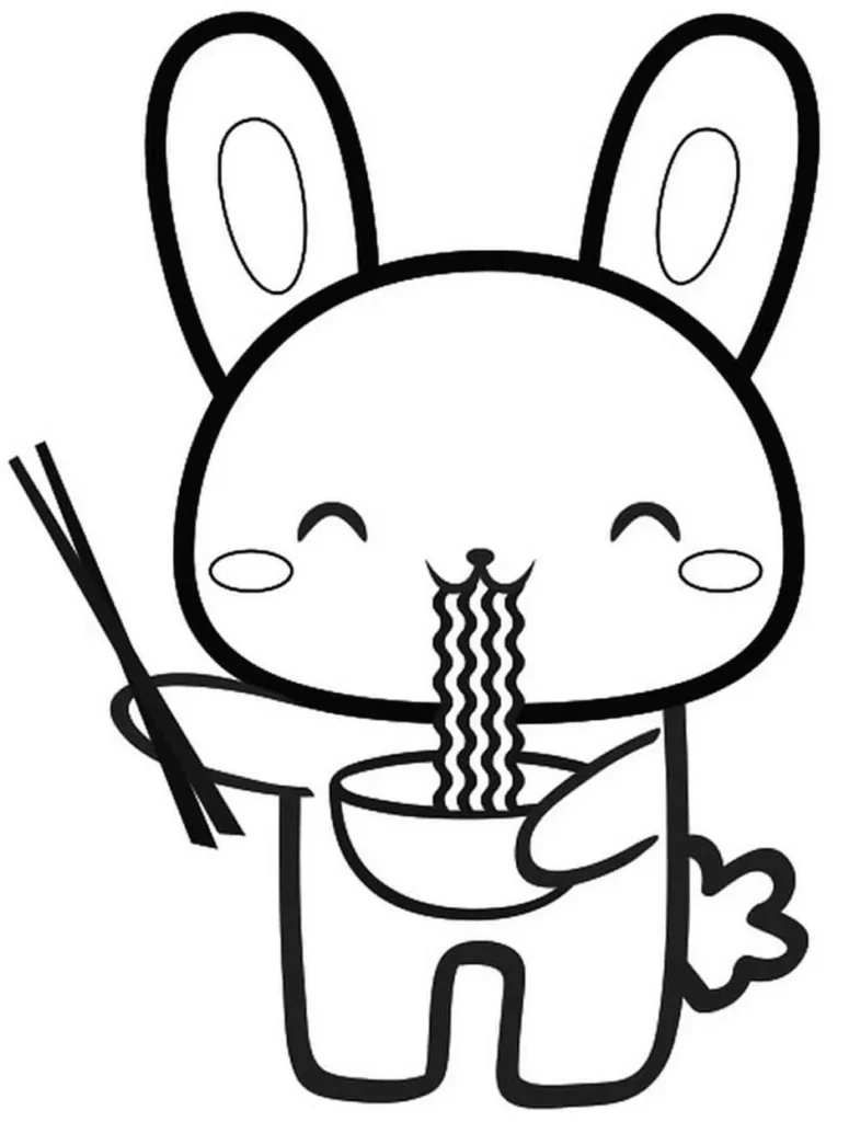 Coelhinho comendo macarrão: desenho fofo para colorir