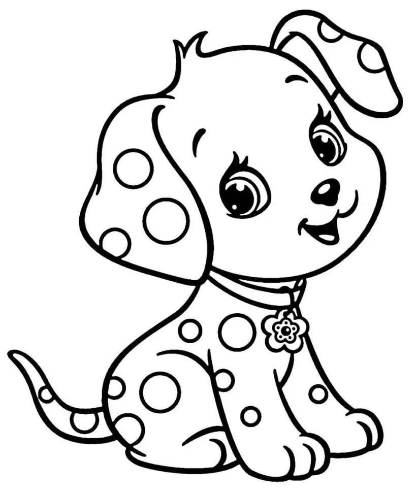 Filhote Dálmata sorrindo, desenho para colorir com coleira de flor.