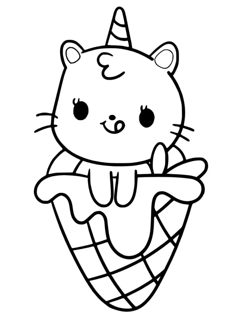 Gatinho unicórnio em cone de sorvete: desenho fofo para colorir.
