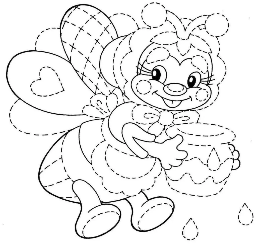 Abelha sorrindo com pote de mel, desenho para colorir