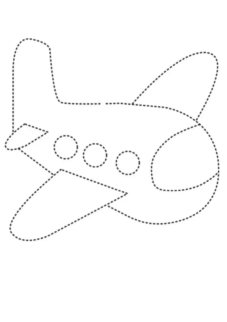 Desenho de avião para colorir: fuselagem, asas triangulares, cauda vertical retangular e cauda horizontal curva com janelas.