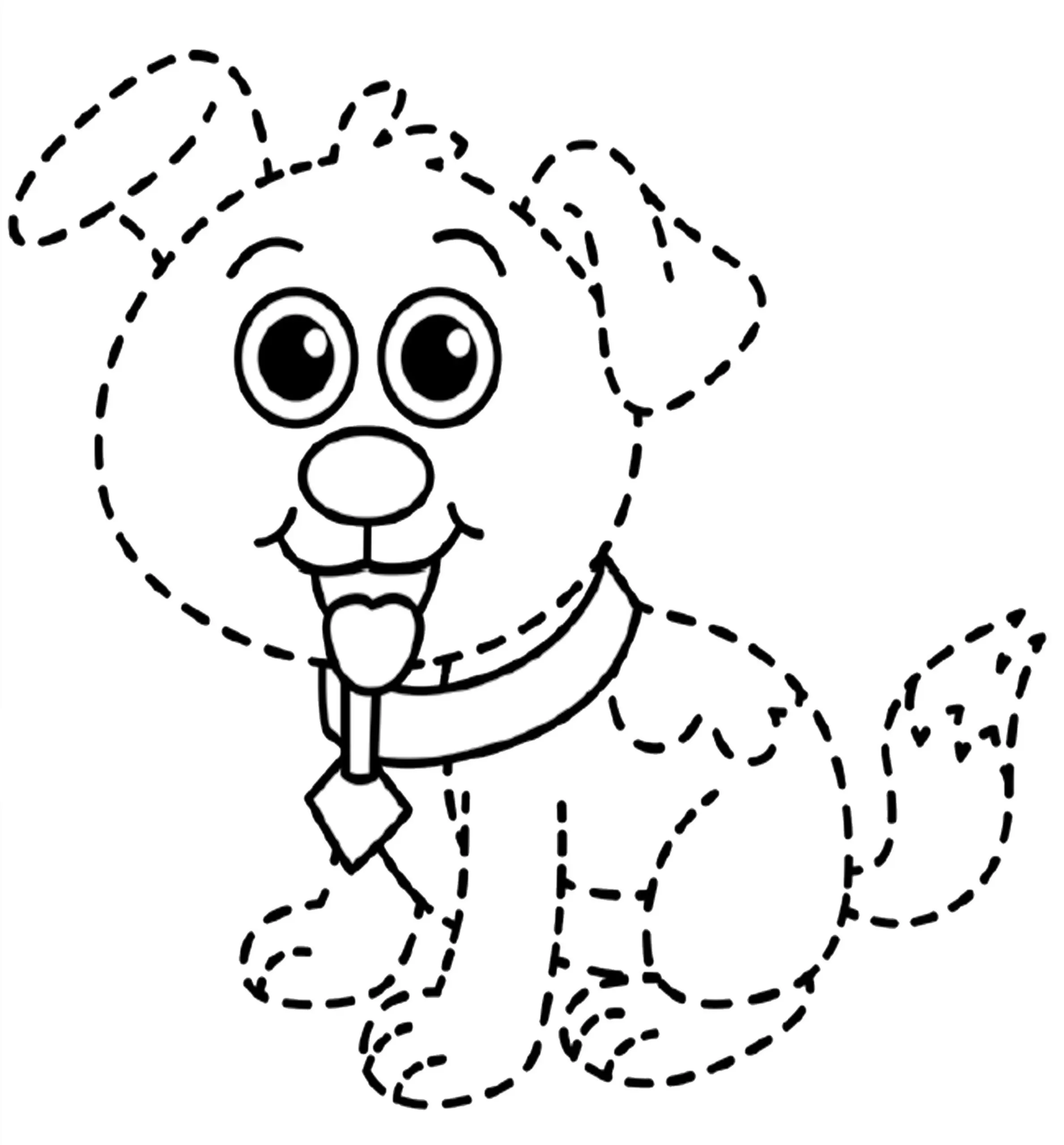 Desenho de um cãozinho sentado para colorir. Coleira com enfeite, olhos grandes e cauda fofa.