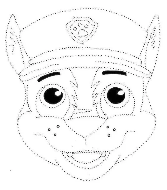 Desenho para colorir do Chase, da Patrulha Canina. Rosto do filhote policial com boné e distintivo.