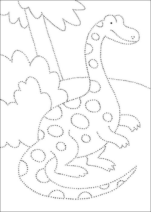 Desenho de dinossauro herbívoro de pescoço comprido para cobrir e colorir, com manchas circulares no corpo e fundo com folhagens.