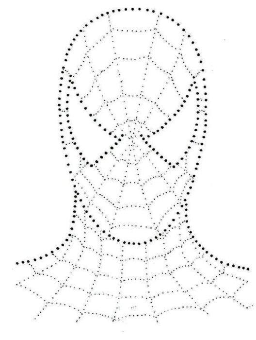 Desenho do Homem-Aranha para ligar os pontos e colorir. Rosto e pescoço do super-herói com máscara de teia pontilhada.