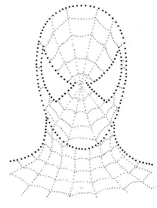 Desenho do Homem-Aranha para ligar os pontos e colorir. Rosto e pescoço do super-herói com máscara de teia pontilhada.