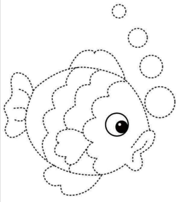 Desenho pontilhado de um peixe para colorir, com olhos grandes, barbatanas e bolhas.