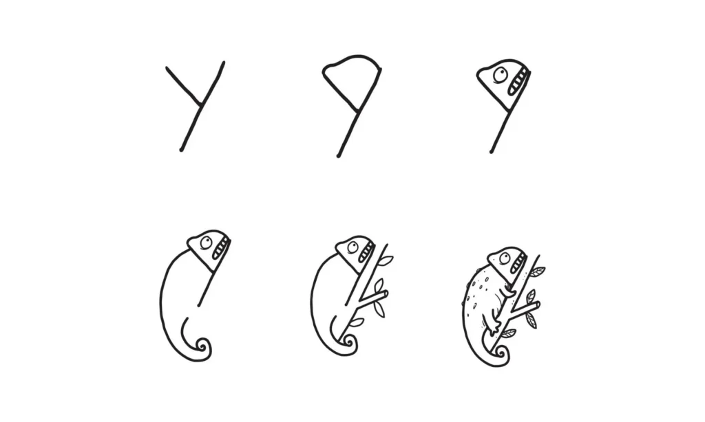 Passo a passo para desenhar um camaleão: do 'Y' inicial ao desenho final com texturas e galhos.