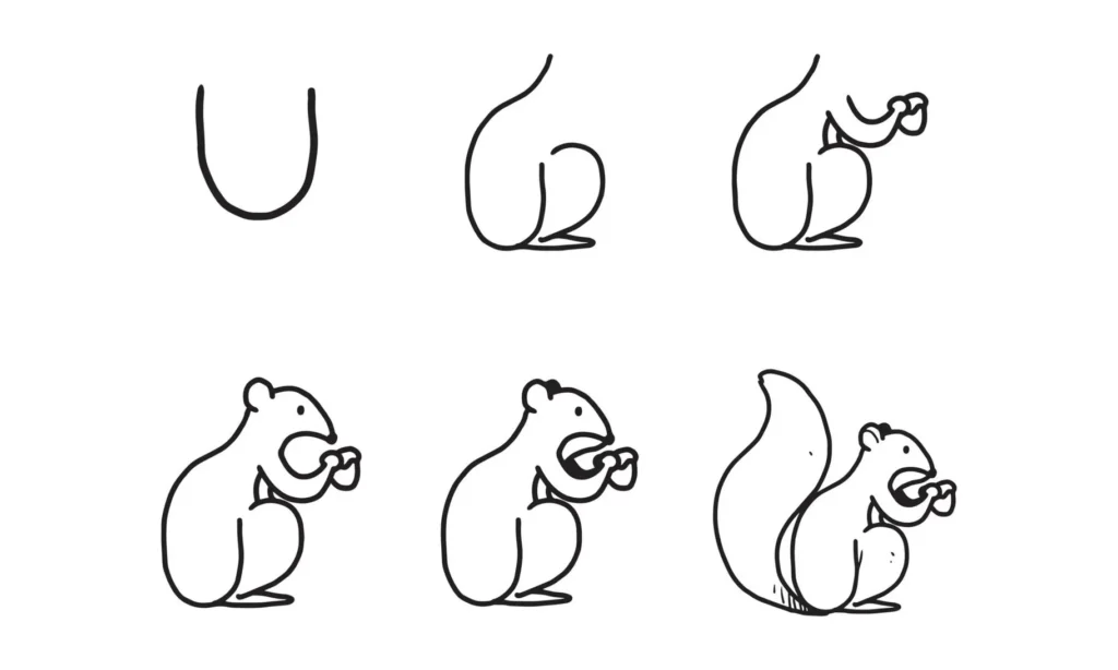 Tutorial passo a passo de como desenhar um esquilo: corpo, cauda felpuda e noz.