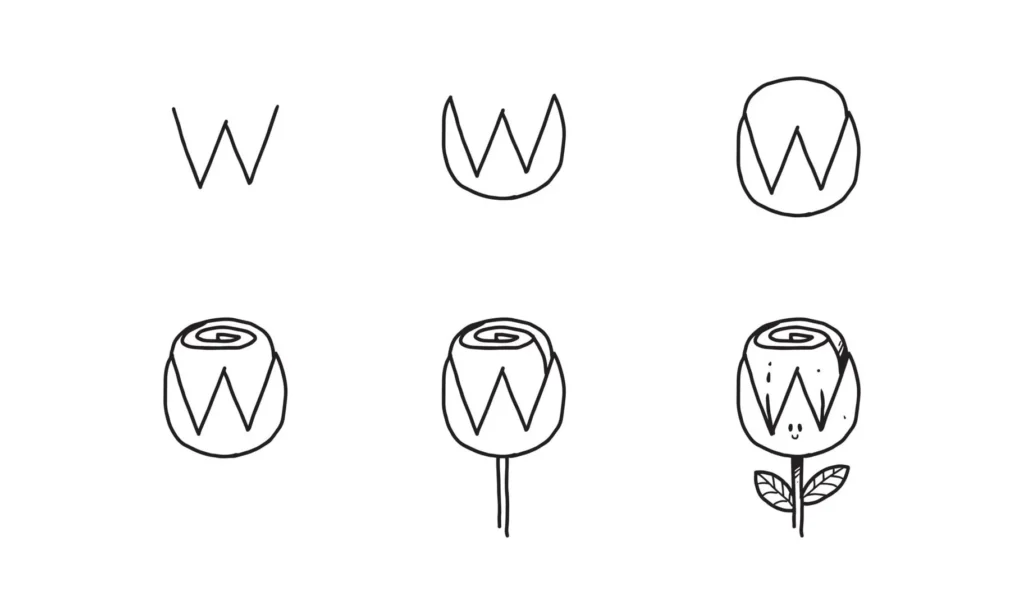 Passo a passo para desenhar uma flor a partir da letra 'W'. Tutorial simples com caule, folhas e detalhes.