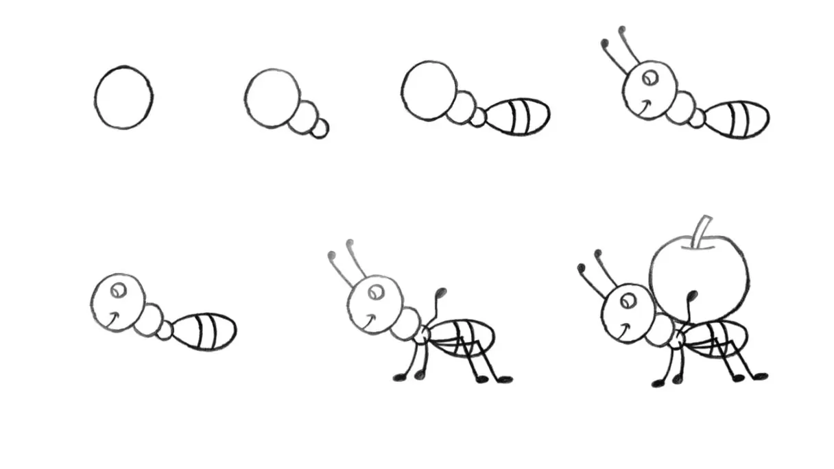 Desenho passo a passo de uma formiga carregando maçã. Tutorial simples para iniciantes.