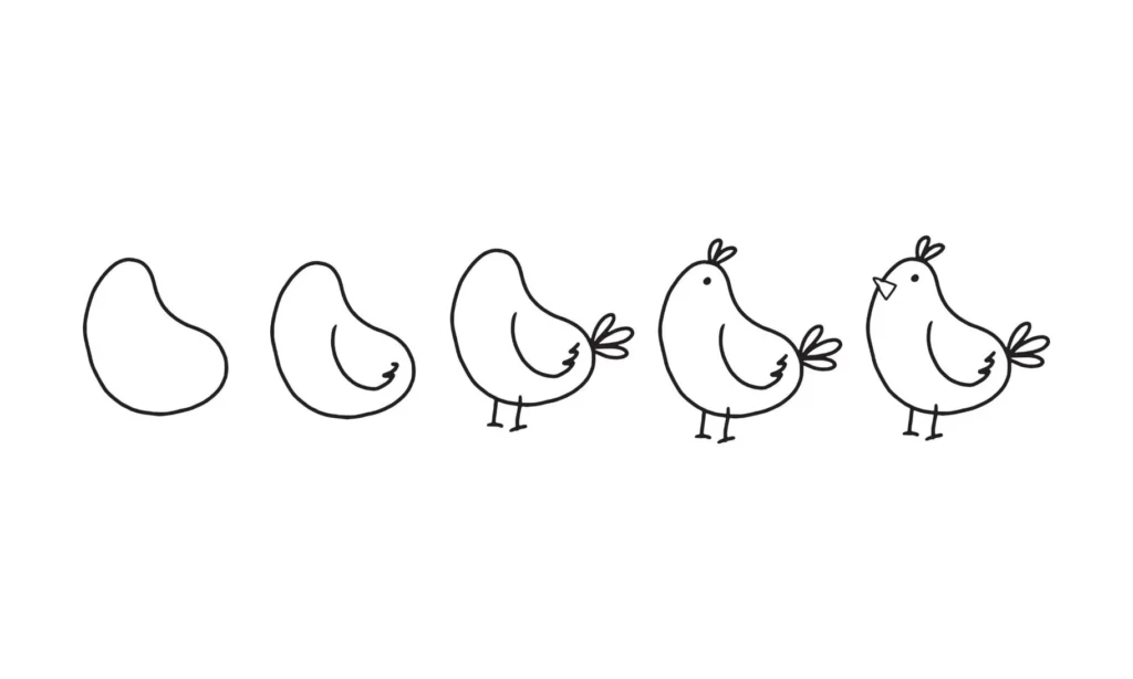 Tutorial passo a passo de como desenhar um galo, desde formas básicas até o resultado final.