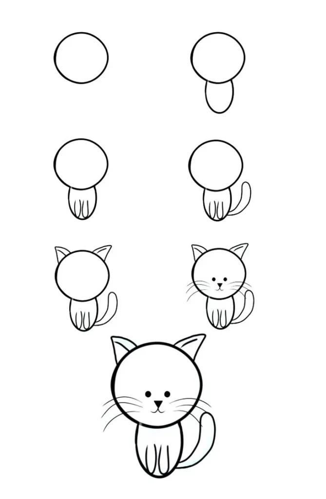 Guia visual para desenhar um gatinho passo a passo. Aprenda a criar um felino adorável com formas simples como círculos e ovais, adicionando patas, cauda, orelhas e traços faciais.