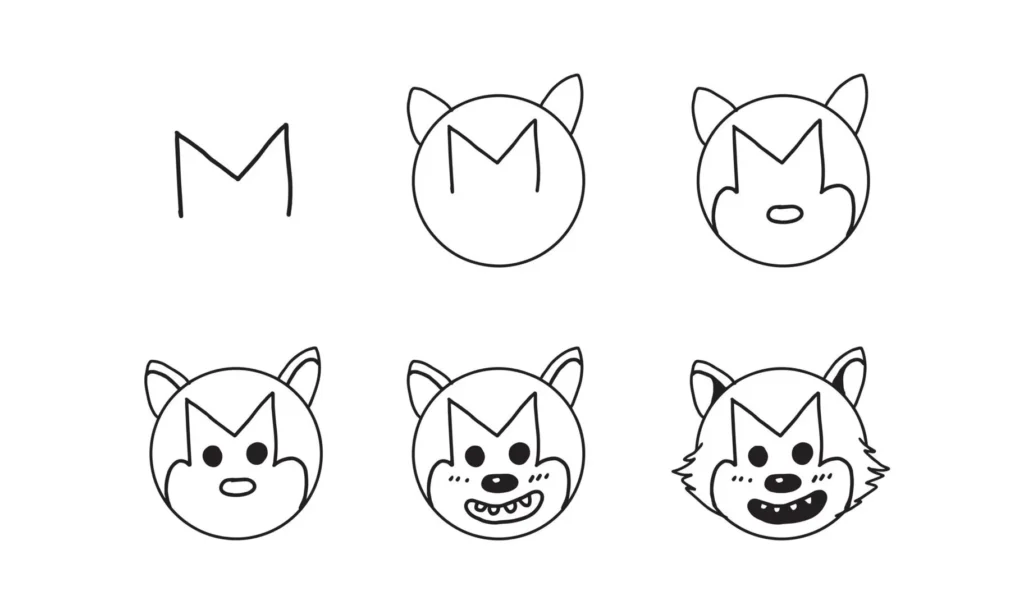 Tutorial fácil para desenhar um lobo fofo a partir da letra 'M'. Aprenda a criar o rosto, orelhas e detalhes faciais de um lobo sorridente.