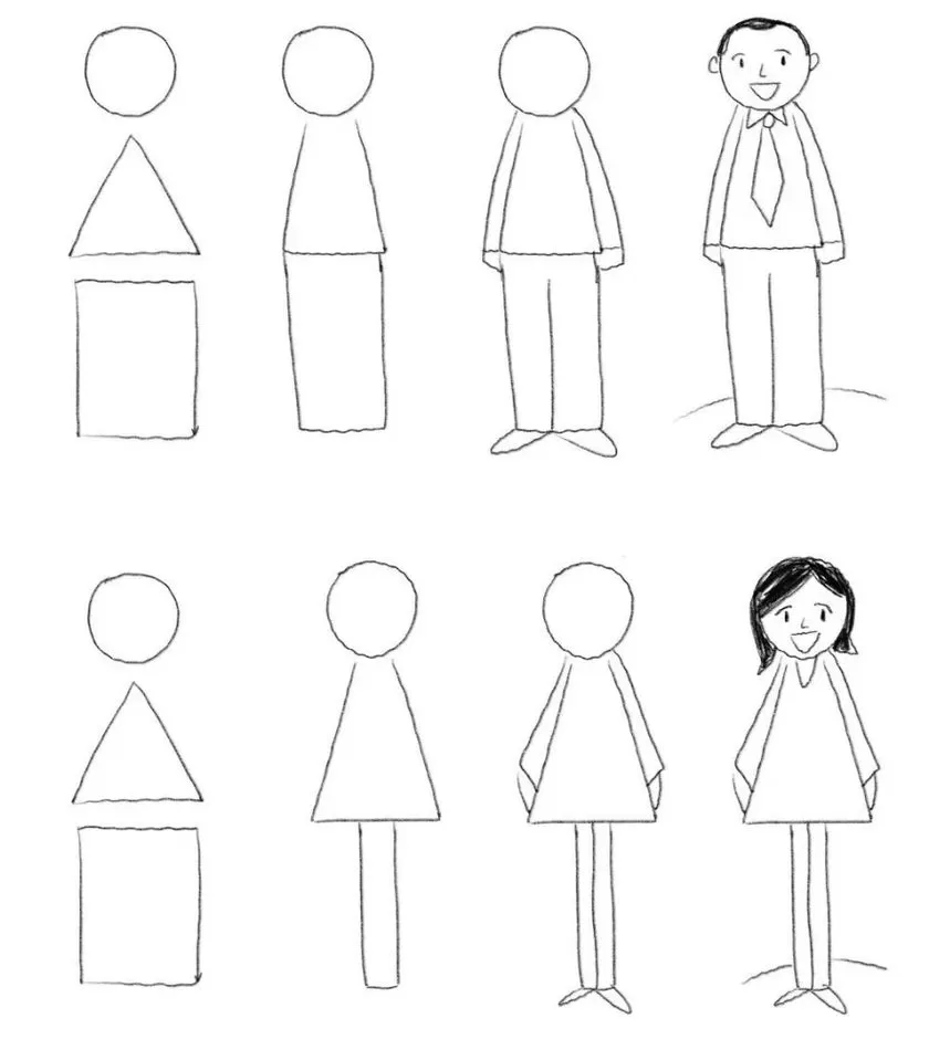 Tutorial passo a passo para desenhar figuras de um homem e uma mulher a partir de formas geométricas básicas.