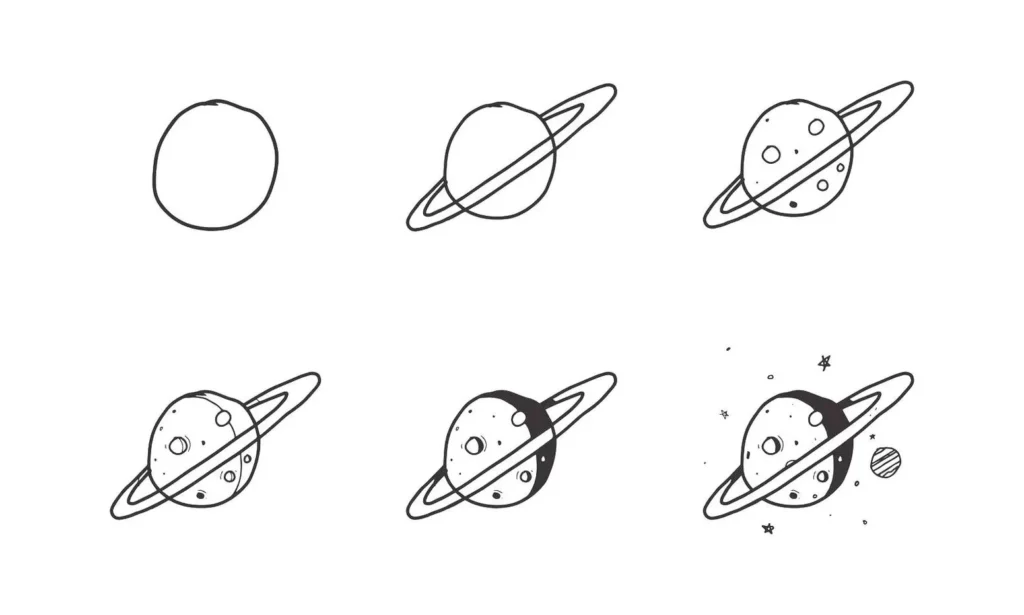 Tutorial passo a passo para desenhar um planeta com anéis e crateras, incluindo a adição de estrelas e satélite.