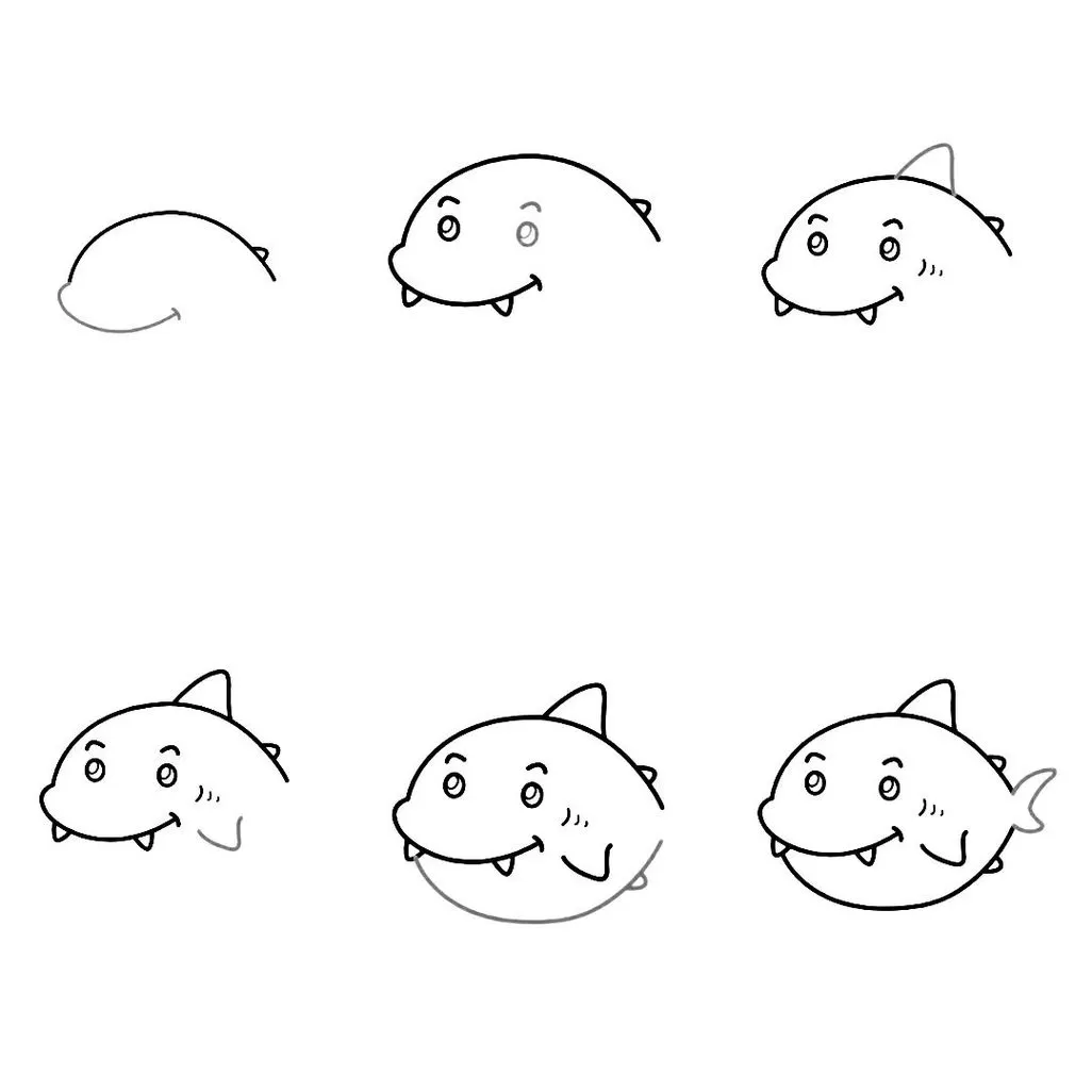 Guia passo a passo para desenhar um tubarão: aprenda a criar um desenho de tubarão, da forma básica aos detalhes finais.