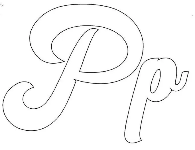 Letras cursivas 'P' maiúsculo e 'p' minúsculo para imprimir. Moldes elegantes para caligrafia.