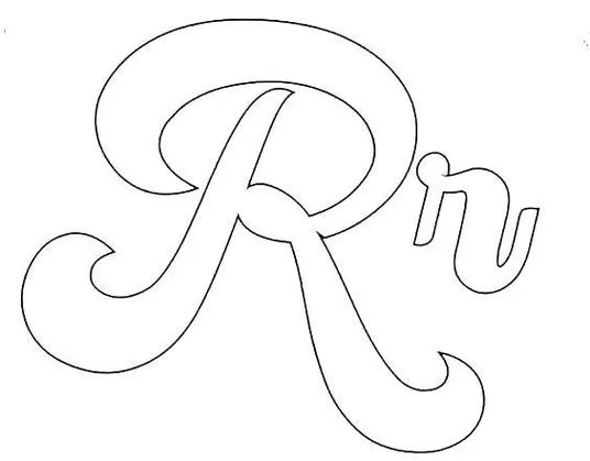 Molde da letra 'R' cursiva maiúscula e minúscula para imprimir. Alfabeto cursivo elegante para atividades manuais.