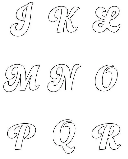 Moldes de letras cursivas maiúsculas de J a R para caligrafia e decoração.