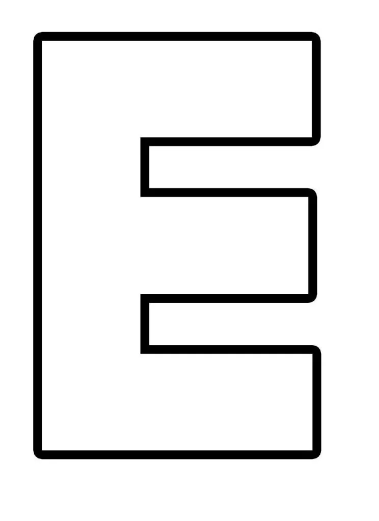Molde da letra E para impressão. Design em bloco com traços definidos e bordas escuras.