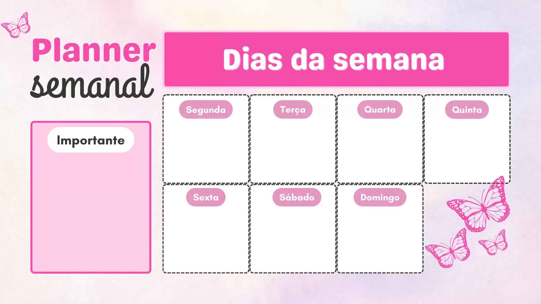 Planner Semanal Rosa com Borboletas para Organização