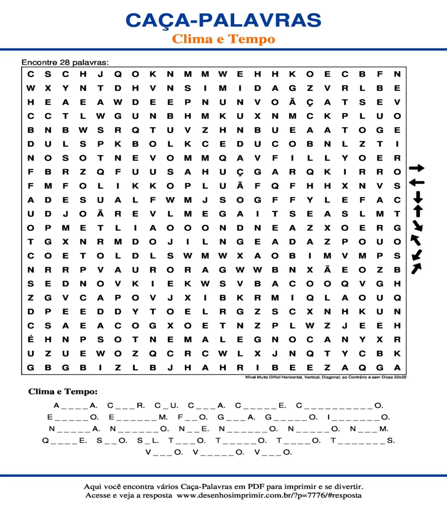 Clima e Tempo Nível Muito Difícil Horizontal, Vertical, Diagonal, ao Contrário sem Dicas 22x22 caça palavras Caça Palavras do Clima e Tempo Nível Muito Difícil Horizontal, Vertical, Diagonal, ao Contrário sem Dicas 22x22 para imprimir
