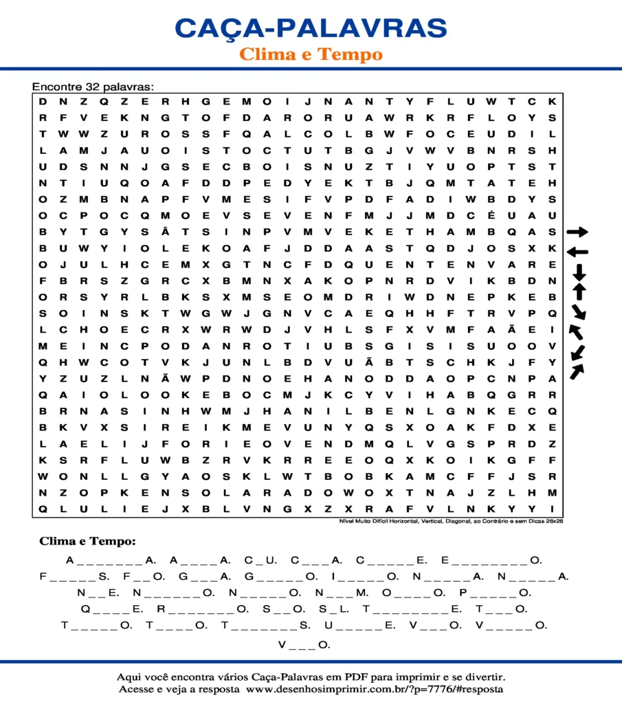 Clima e Tempo Nível Muito Difícil Horizontal, Vertical, Diagonal, ao Contrário sem Dicas 26x26 caça palavras Caça Palavras do Clima e Tempo Nível Muito Difícil Horizontal, Vertical, Diagonal, ao Contrário sem Dicas 26x26 para imprimir