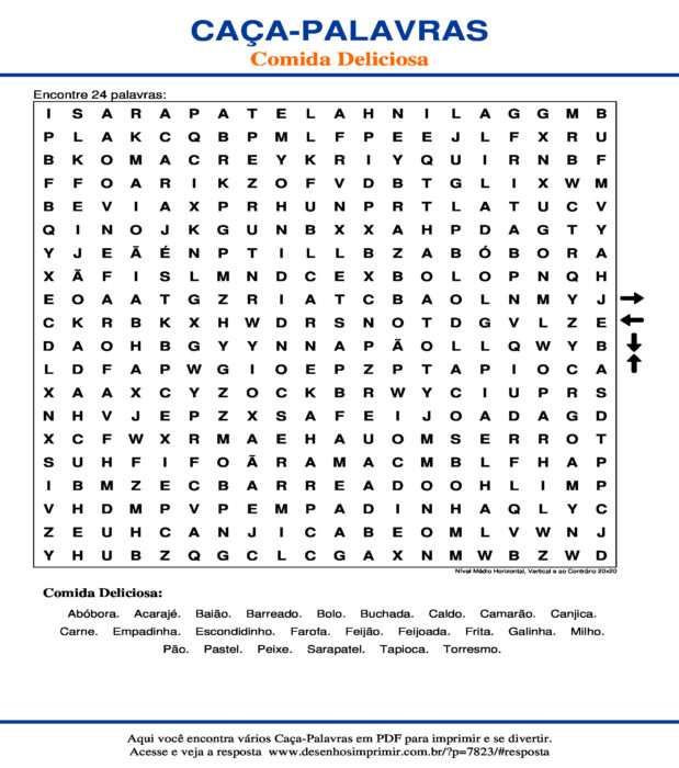 Caça Palavras de Comida Deliciosa Nível Médio Horizontal, Vertical e ao Contrário 20x20 para imprimir