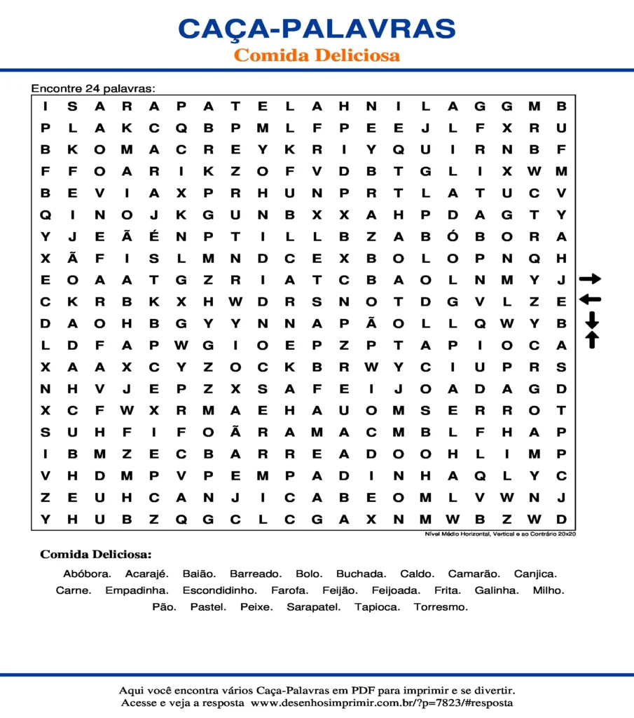 Comida Deliciosa Nível Médio Horizontal, Vertical e ao Contrário 20x20 caça palavras Caça Palavras de Comida Deliciosa Nível Médio Horizontal, Vertical e ao Contrário 20x20 para imprimir