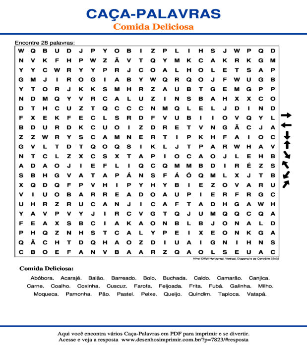 Caça Palavras de Comida Deliciosa Nível Difícil Horizontal, Vertical, Diagonal e ao Contrário 22x22 para imprimir