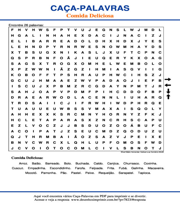 Caça Palavras de Comida Deliciosa Nível Médio Horizontal, Vertical e ao Contrário 22x22 para imprimir