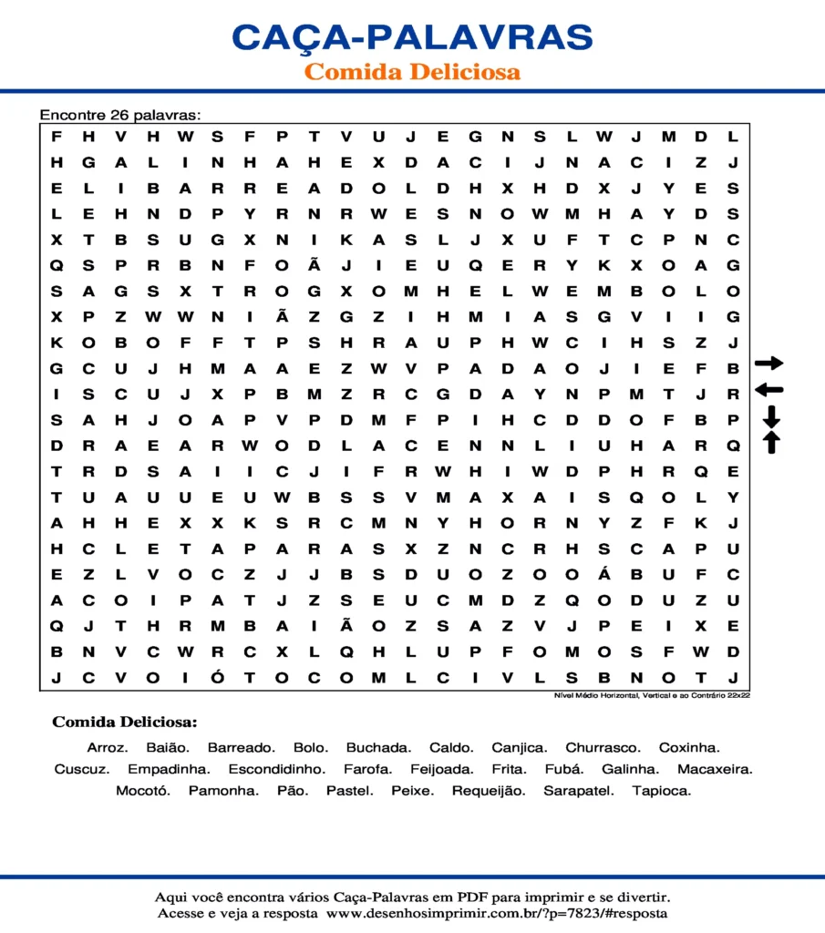 Comida Deliciosa Nível Médio Horizontal, Vertical e ao Contrário 22x22 caça palavras Caça Palavras de Comida Deliciosa Nível Médio Horizontal, Vertical e ao Contrário 22x22 para imprimir