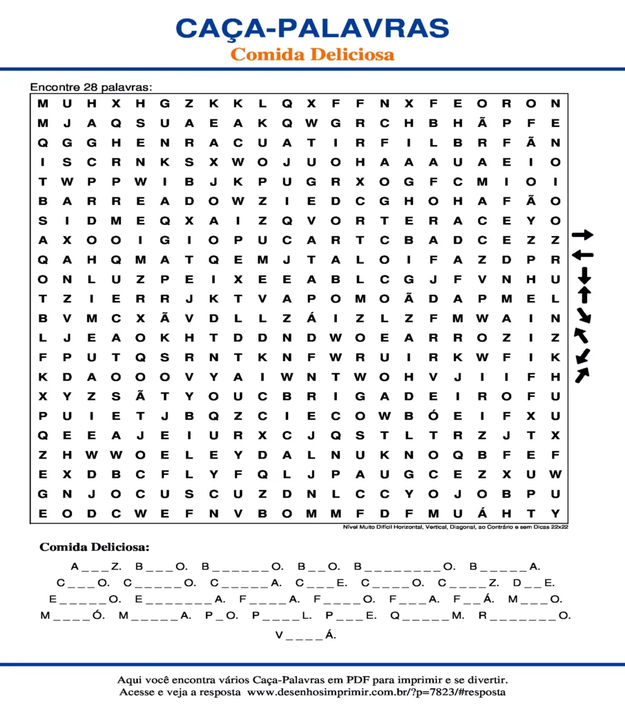 Comida Deliciosa Nível Muito Difícil Horizontal, Vertical, Diagonal, ao Contrário e sem Dicas 22x22 caça palavras Caça Palavras de Comida Deliciosa Nível Muito Difícil Horizontal, Vertical, Diagonal, ao Contrário e sem Dicas 22x22 para imprimir
