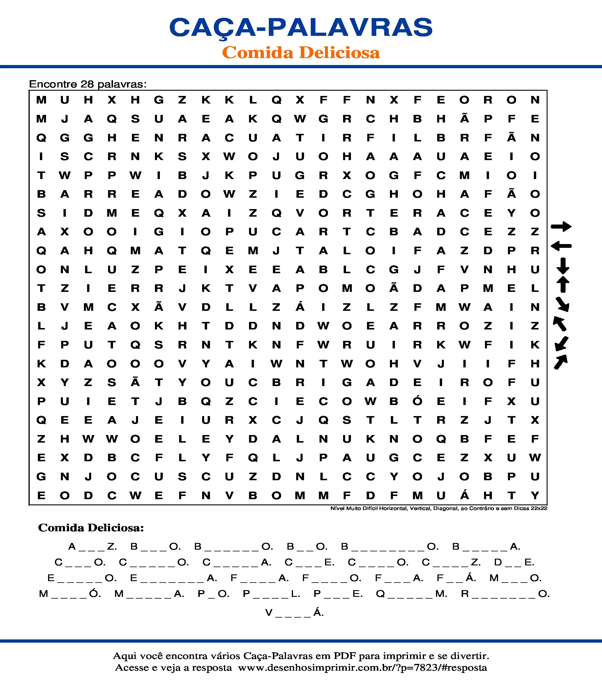 Caça Palavras Nível Muito Difícil Horizontal, Vertical, Diagonal, ao Contrário e sem Dicas 22x22