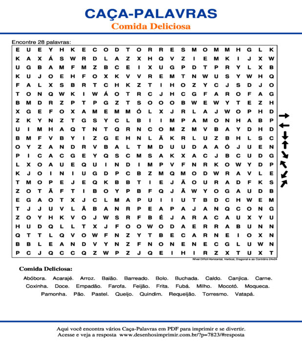 Caça Palavras de Comida Deliciosa Nível Difícil Horizontal, Vertical, Diagonal e ao Contrário 24x24 para imprimir