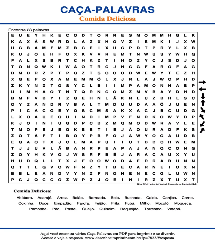 Comida Deliciosa Nível Difícil Horizontal, Vertical, Diagonal e ao Contrário 24x24 caça palavras Caça Palavras de Comida Deliciosa Nível Difícil Horizontal, Vertical, Diagonal e ao Contrário 24x24 para imprimir