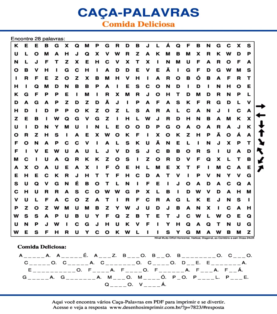 Comida Deliciosa Nível Muito Difícil Horizontal, Vertical, Diagonal, ao Contrário e sem Dicas 24x24 caça palavras Caça Palavras de Comida Deliciosa Nível Muito Difícil Horizontal, Vertical, Diagonal, ao Contrário e sem Dicas 24x24 para imprimir