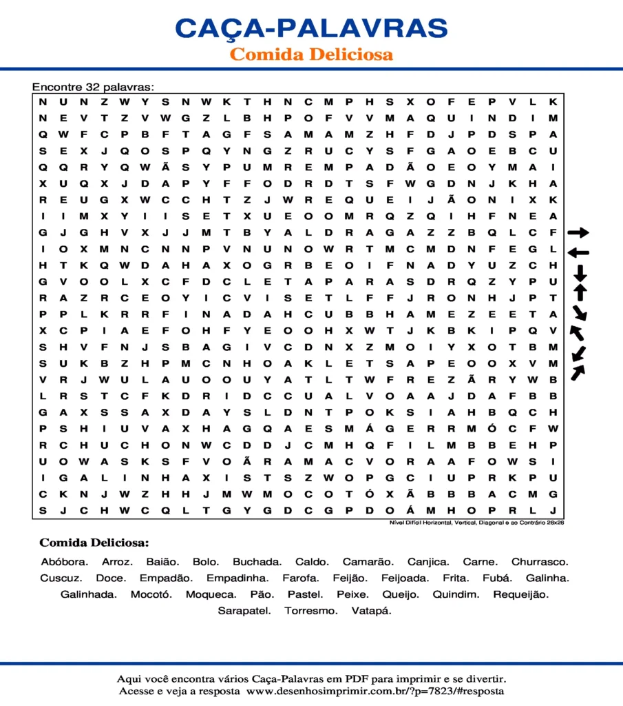 Comida Deliciosa Nível Difícil Horizontal, Vertical, Diagonal e ao Contrário 26x26 caça palavras Caça Palavras de Comida Deliciosa Nível Difícil Horizontal, Vertical, Diagonal e ao Contrário 26x26 para imprimir