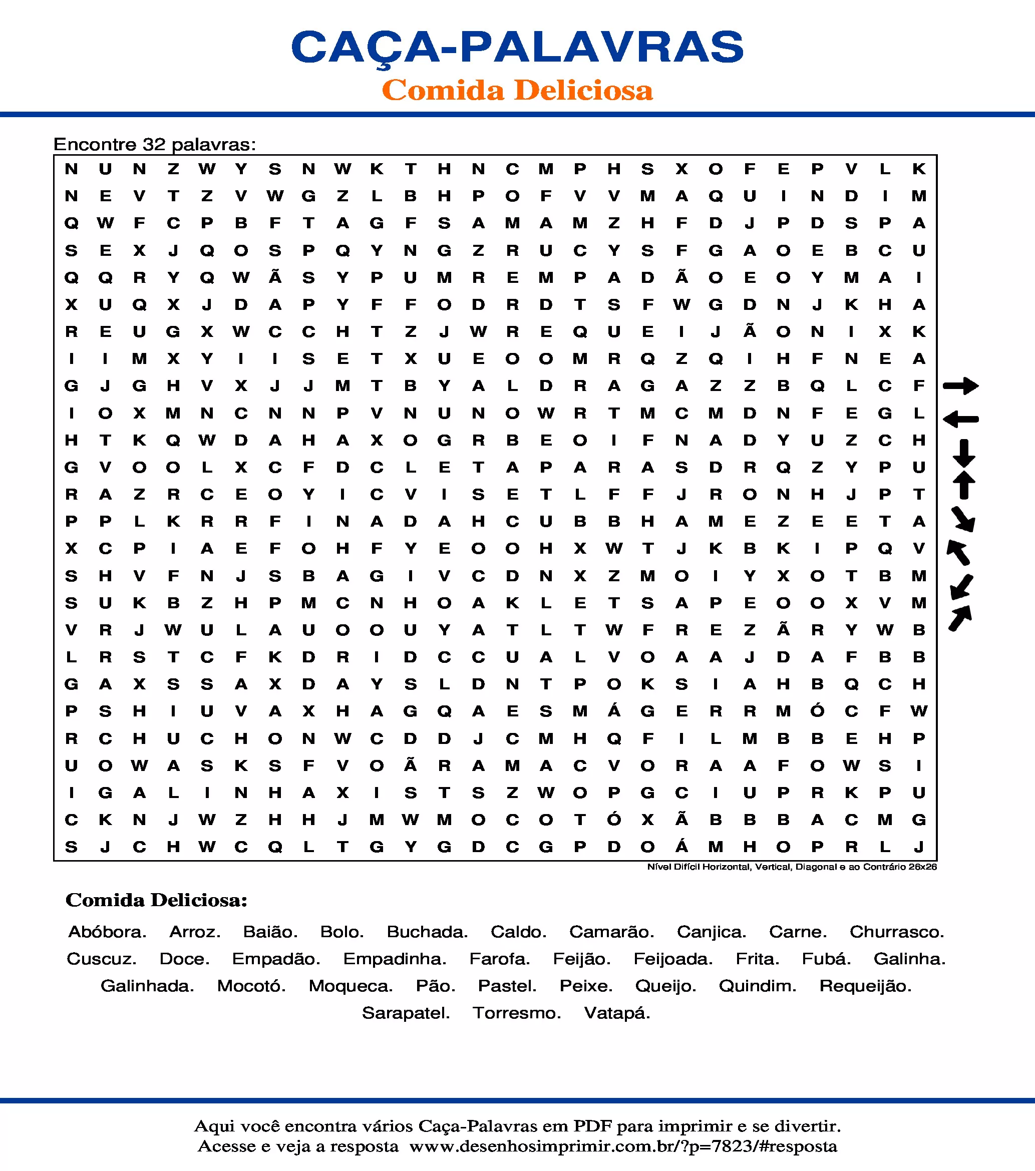 Caça Palavras Nível Difícil Horizontal, Vertical, Diagonal e ao Contrário 26x26
