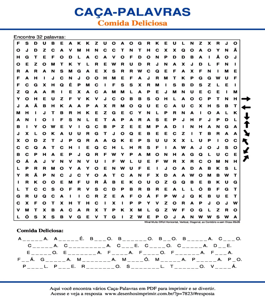 Comida Deliciosa Nível Muito Difícil Horizontal, Vertical, Diagonal, ao Contrário e sem Dicas 26x26 caça palavras Caça Palavras de Comida Deliciosa Nível Muito Difícil Horizontal, Vertical, Diagonal, ao Contrário e sem Dicas 26x26 para imprimir