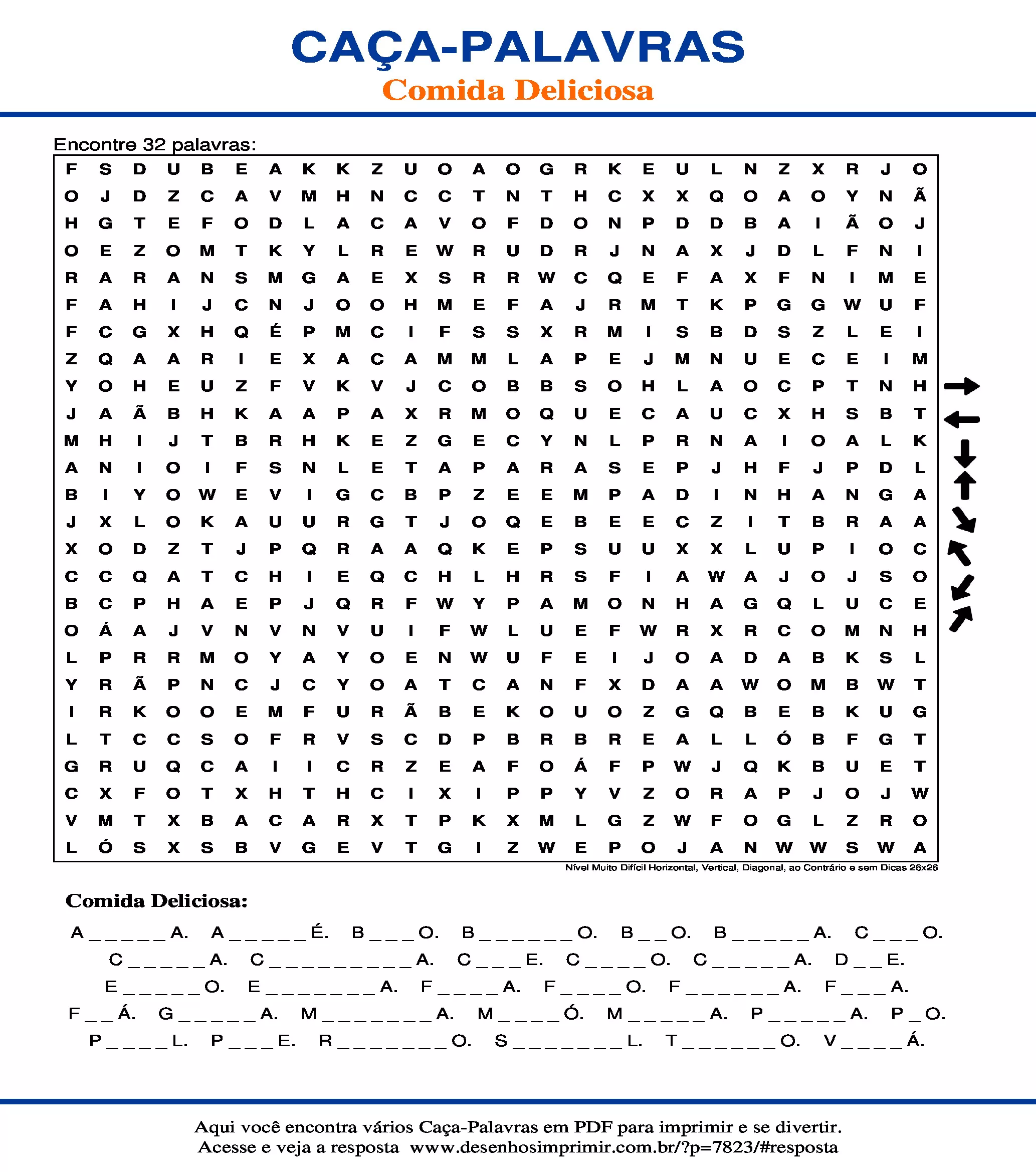 Caça Palavras Nível Muito Difícil Horizontal, Vertical, Diagonal, ao Contrário e sem Dicas 26x26