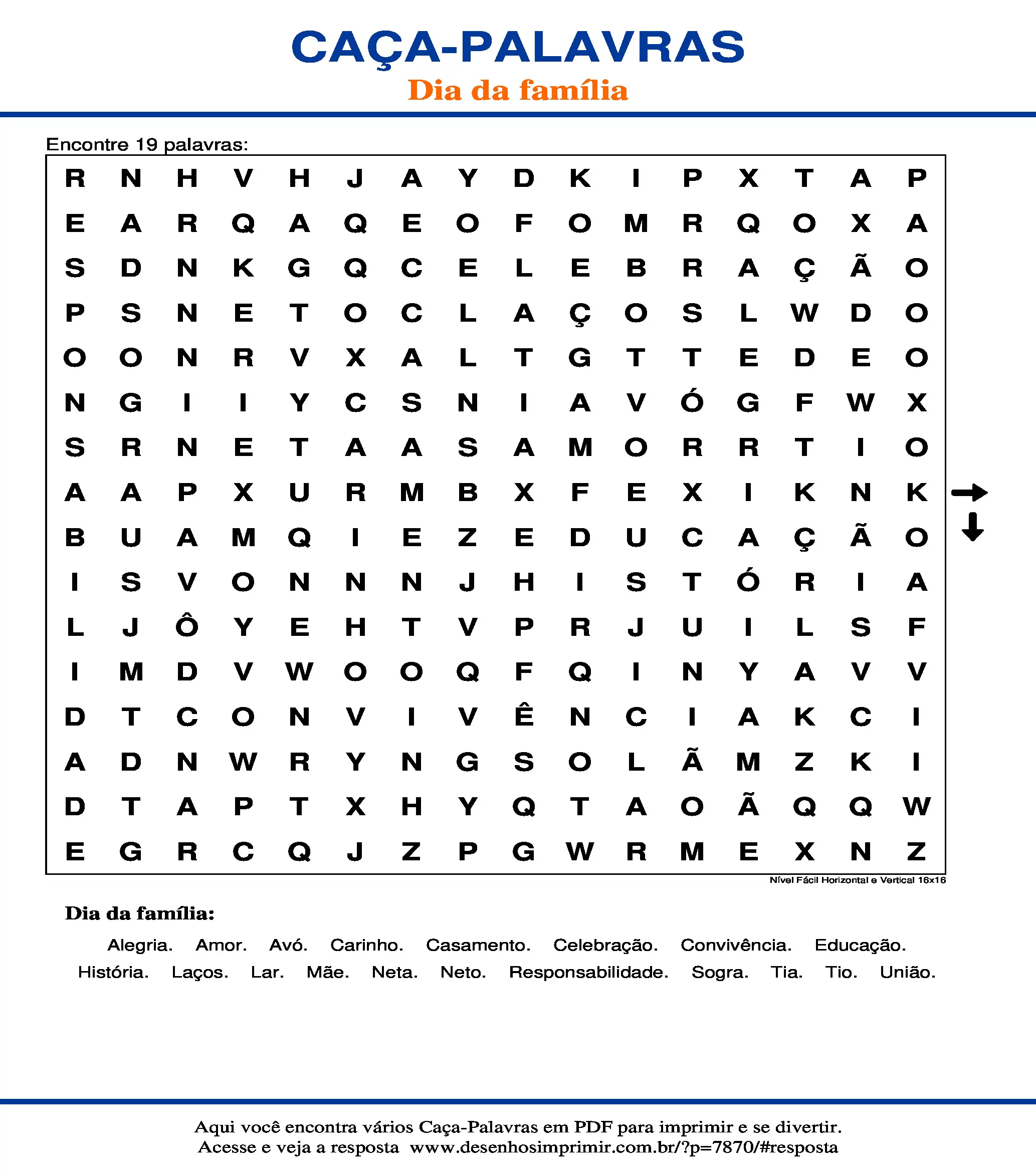 Caça Palavras Nível Fácil Horizontal e Vertical 16x16